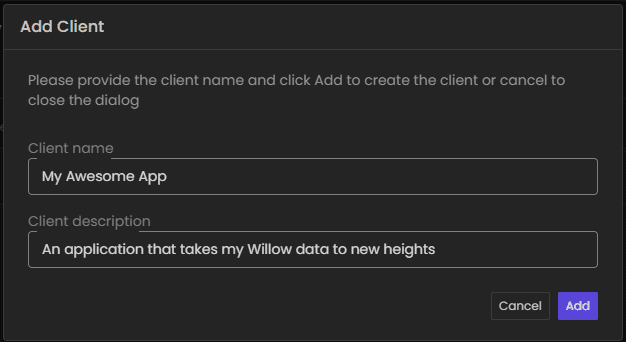 Add Client Application Modal